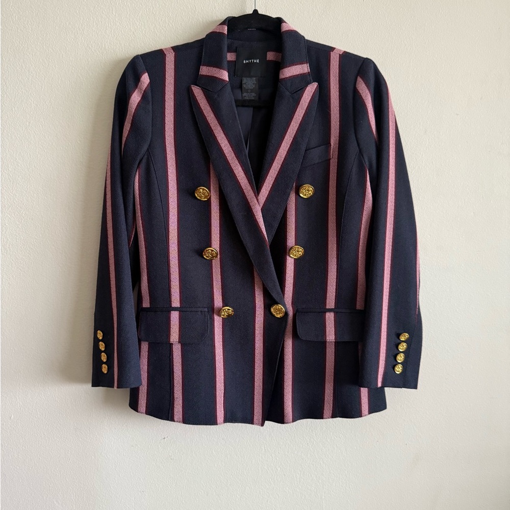 Smythe Double Breasted Striped Blazer Gold Accented Buttons Quarter Sleeve Sz 8 - Picture 3 of 16